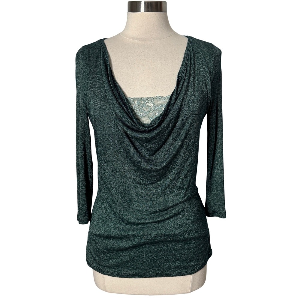 Michael Stars Y2K Hunter‎ Green Cowl Neck Top with Lace Insert Womens One Size